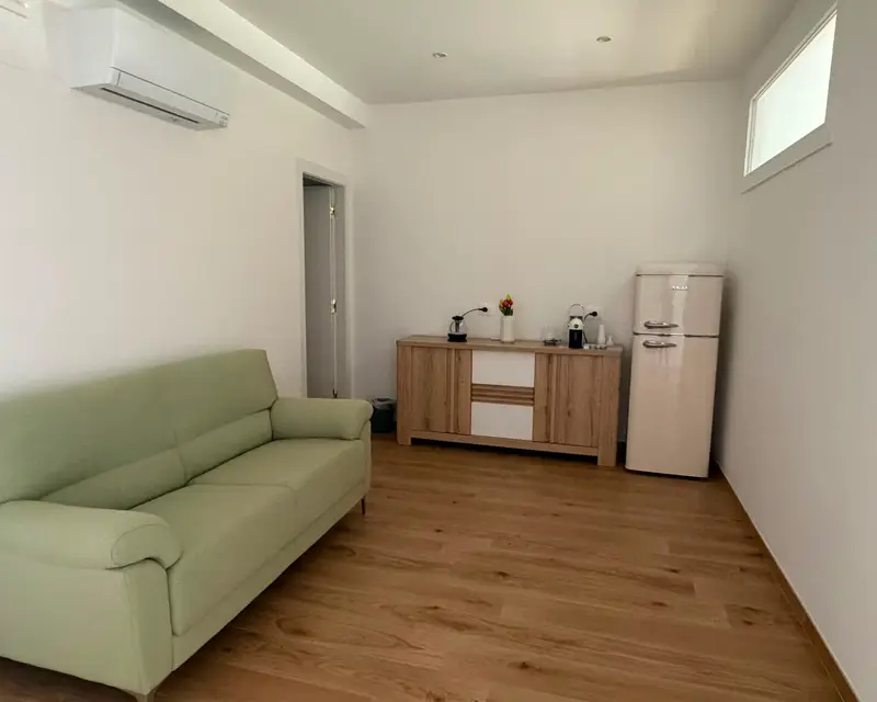 The lounge with a sage green sofa, sideboard and fridge